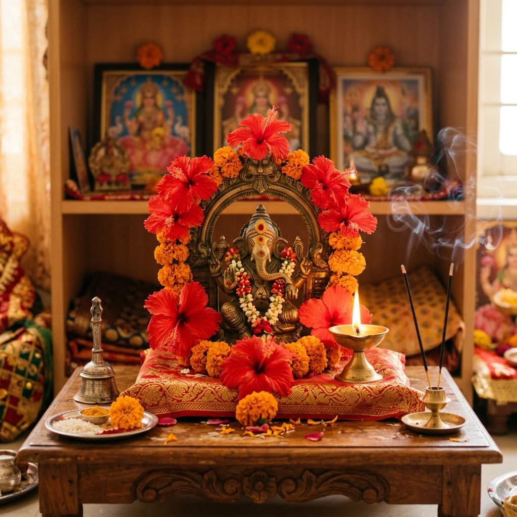 Brass Ganesh idol adorned with hibiscus and marigold beside a lit diya in a home shrine
