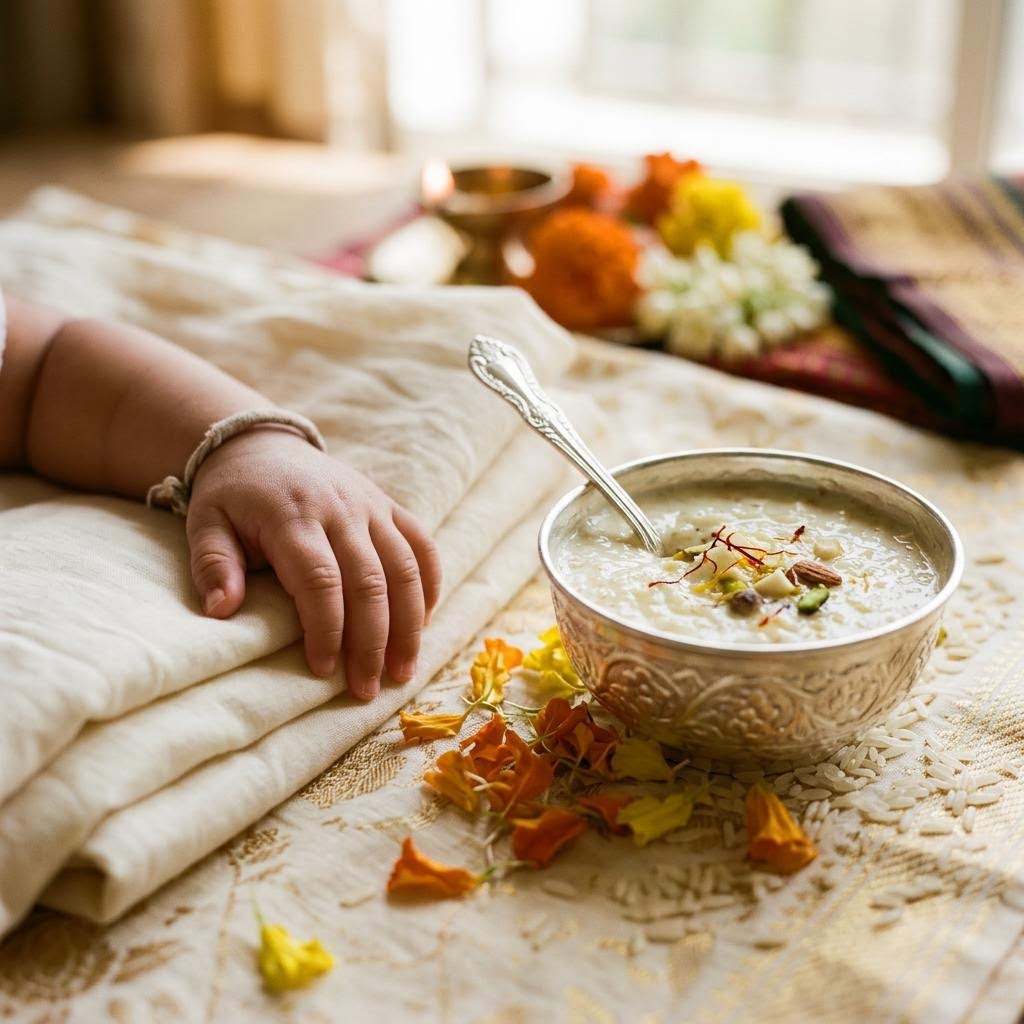 A baby's small hand beside a silver bowl of rice kheer and marigold petals