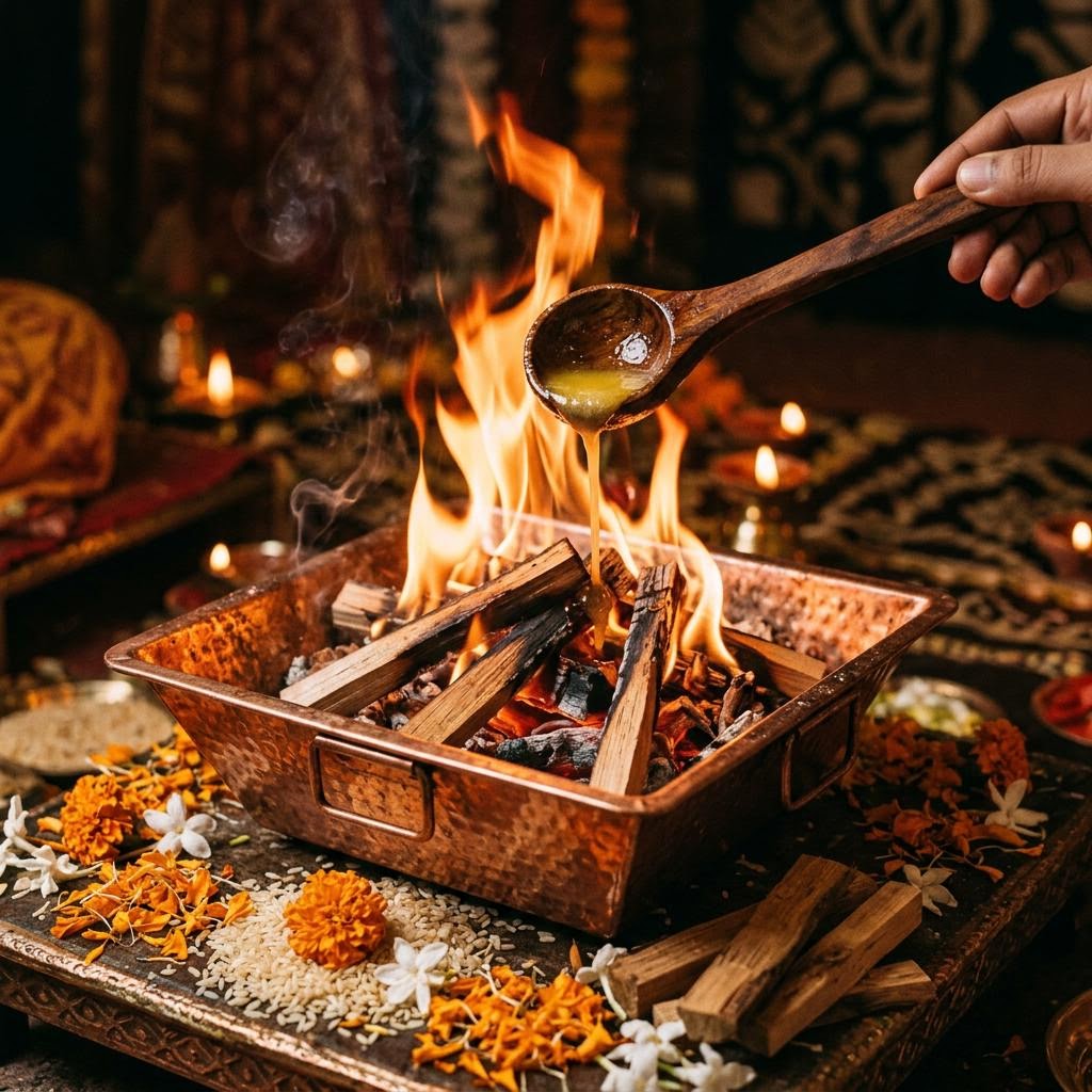 Ghee offered from a wooden spoon into the flames of a havan fire