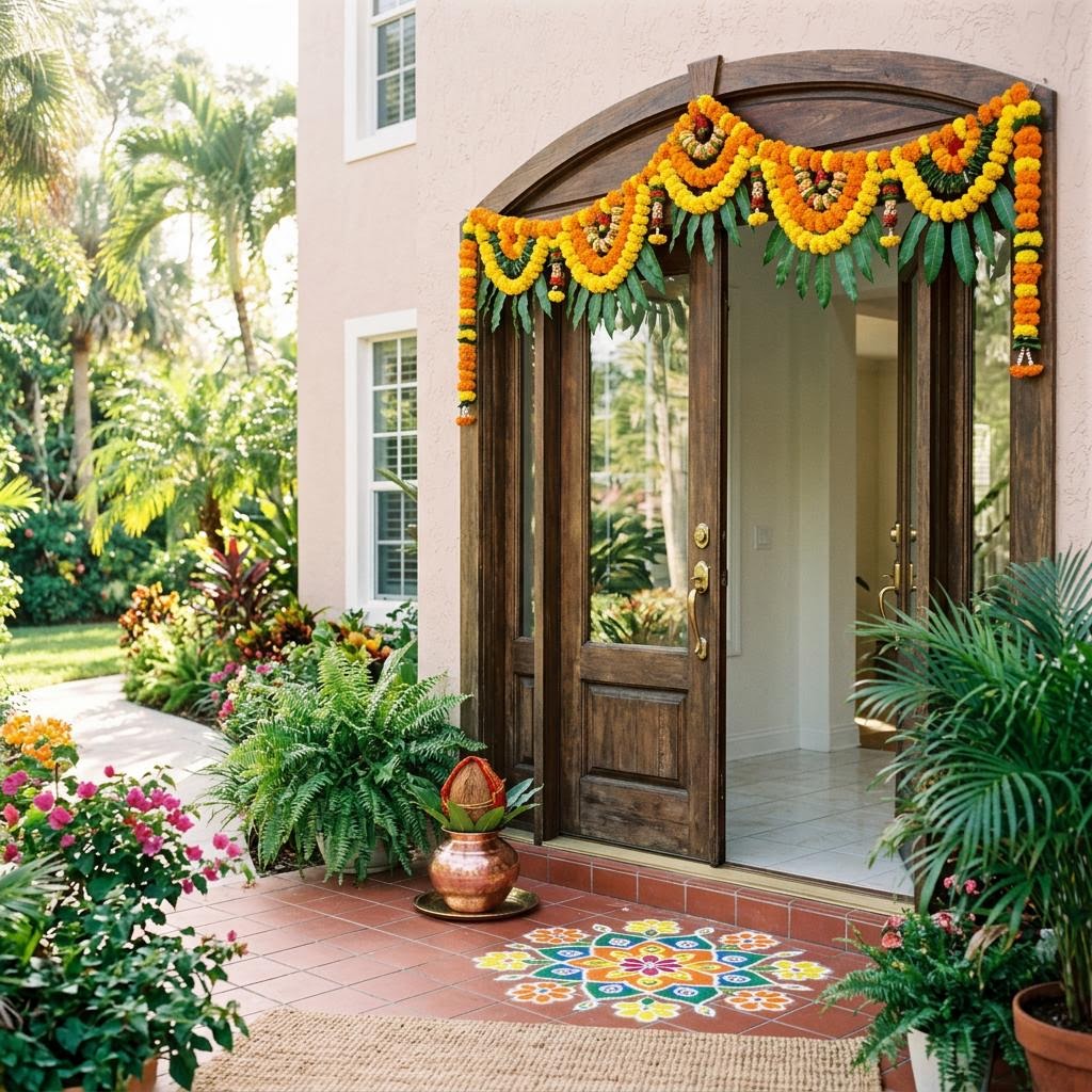 Copper kalash with coconut and mango leaves at a doorway decorated with a marigold toran and rangoli
