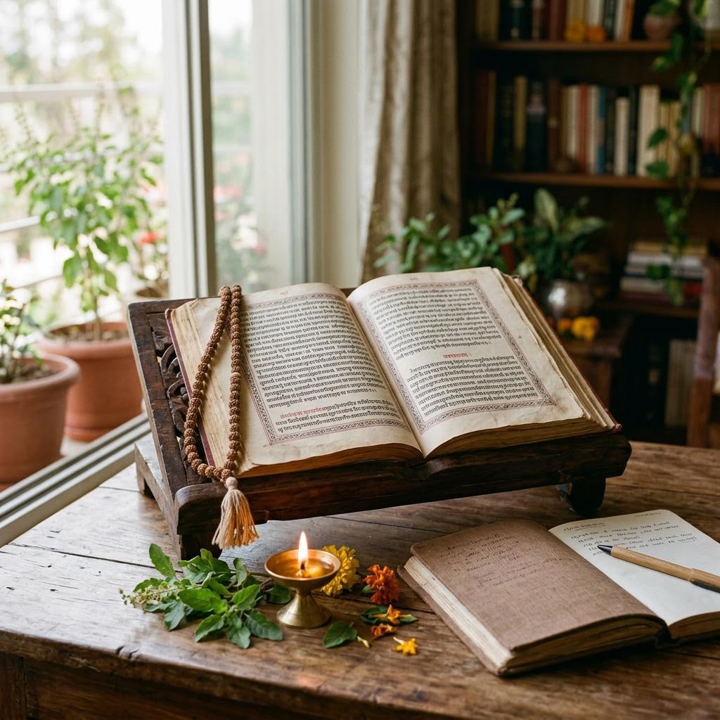 Open scripture on a wooden stand with a rudraksha mala, tulsi leaves and a small diya