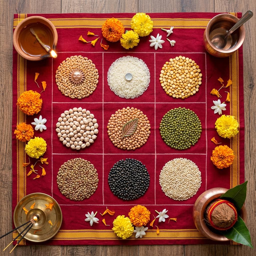 Illustrative photo: nine heaps of coloured grains arranged for navagraha puja