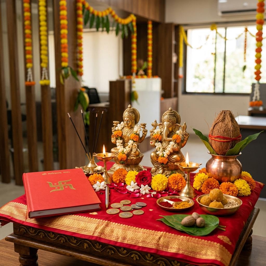 Brass Lakshmi and Ganesh figures with coins, coconut and a red account book on red cloth