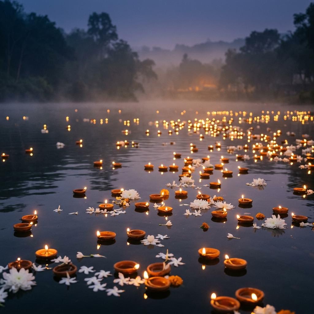 Small diyas and white flowers floating on calm water at dusk