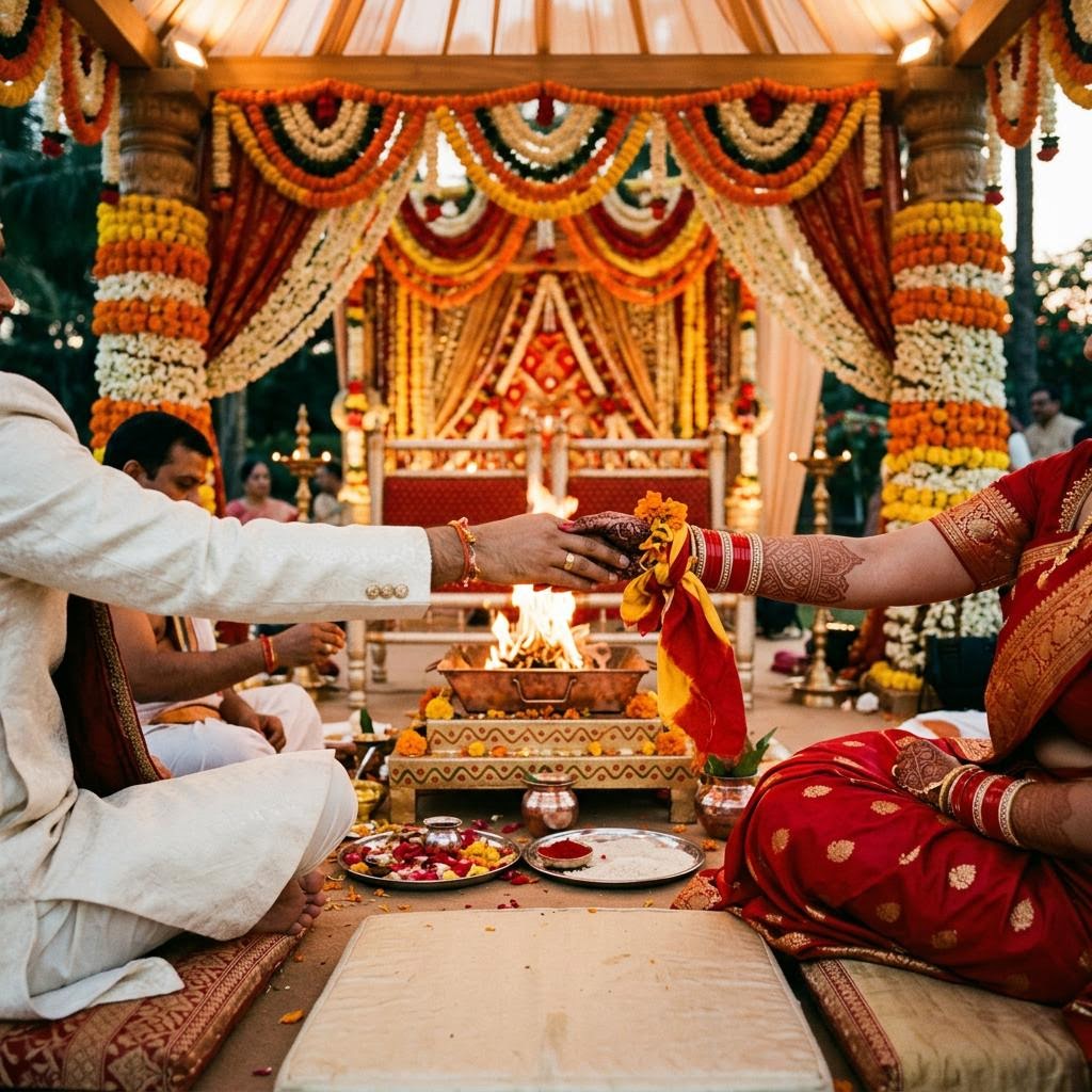 Sacred fire burning in a copper kund at a marigold-draped wedding mandap